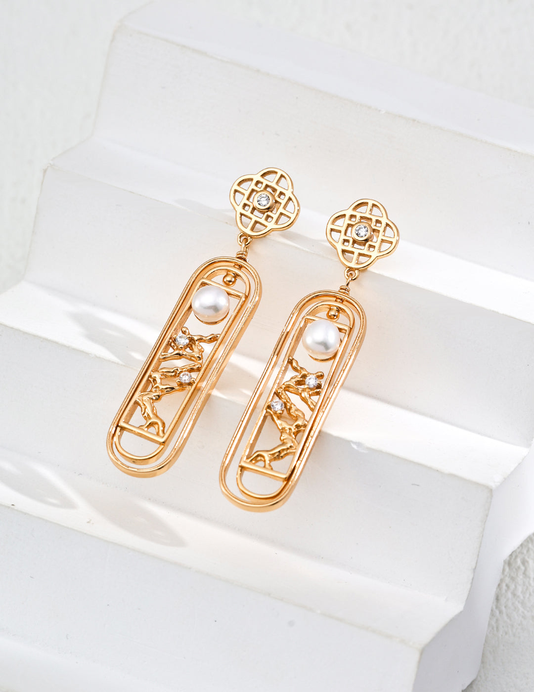 Chinese Style Natural Pearl and Cubic Zirconia Earrings