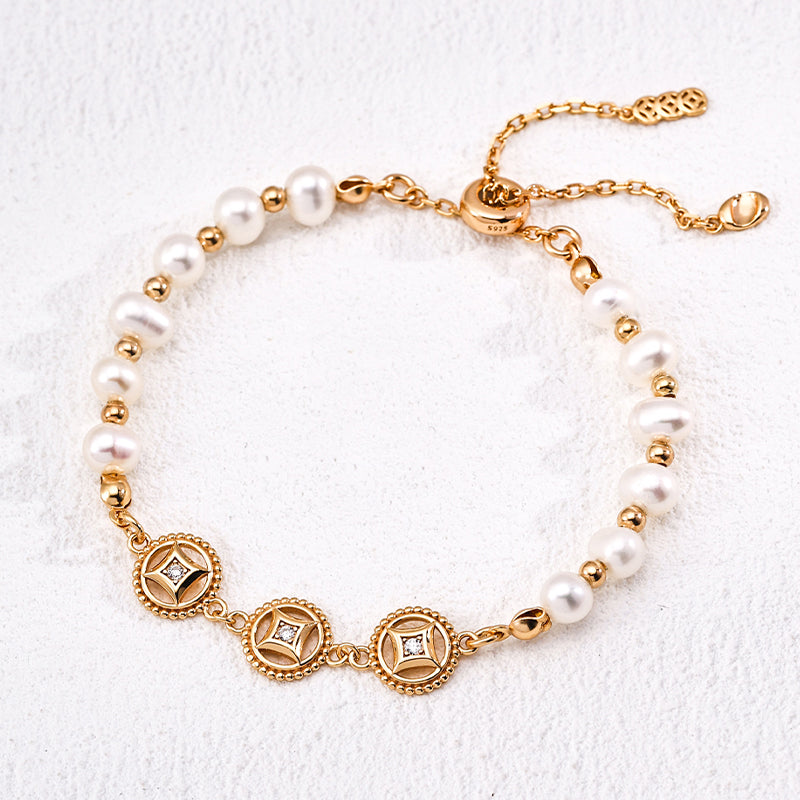 Prosperity: Sterling Silver Pearl and Gold Crystal Bracelet