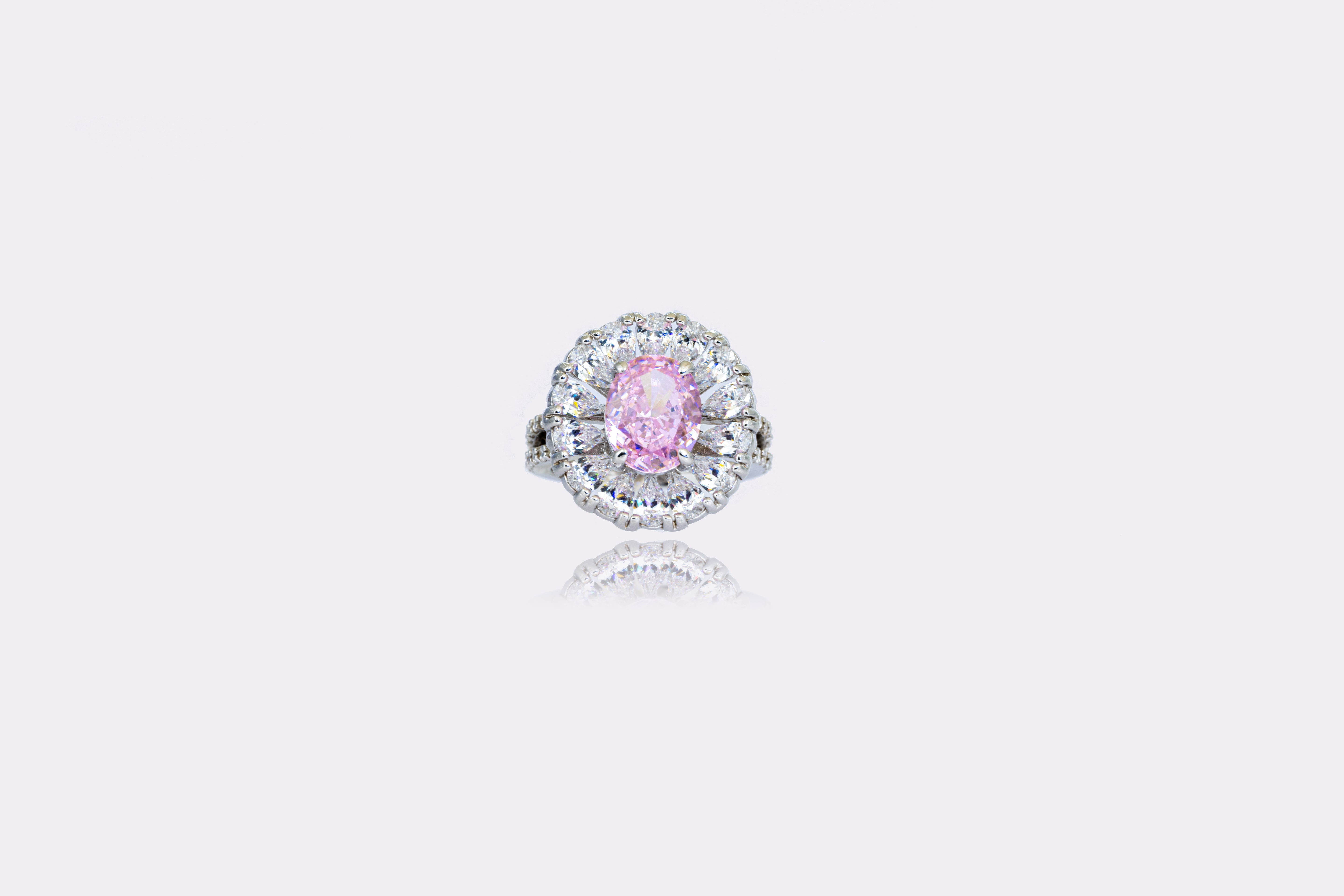 Enchanting Pink Lab-Grown Diamond Halo Ring in Sterling Silver