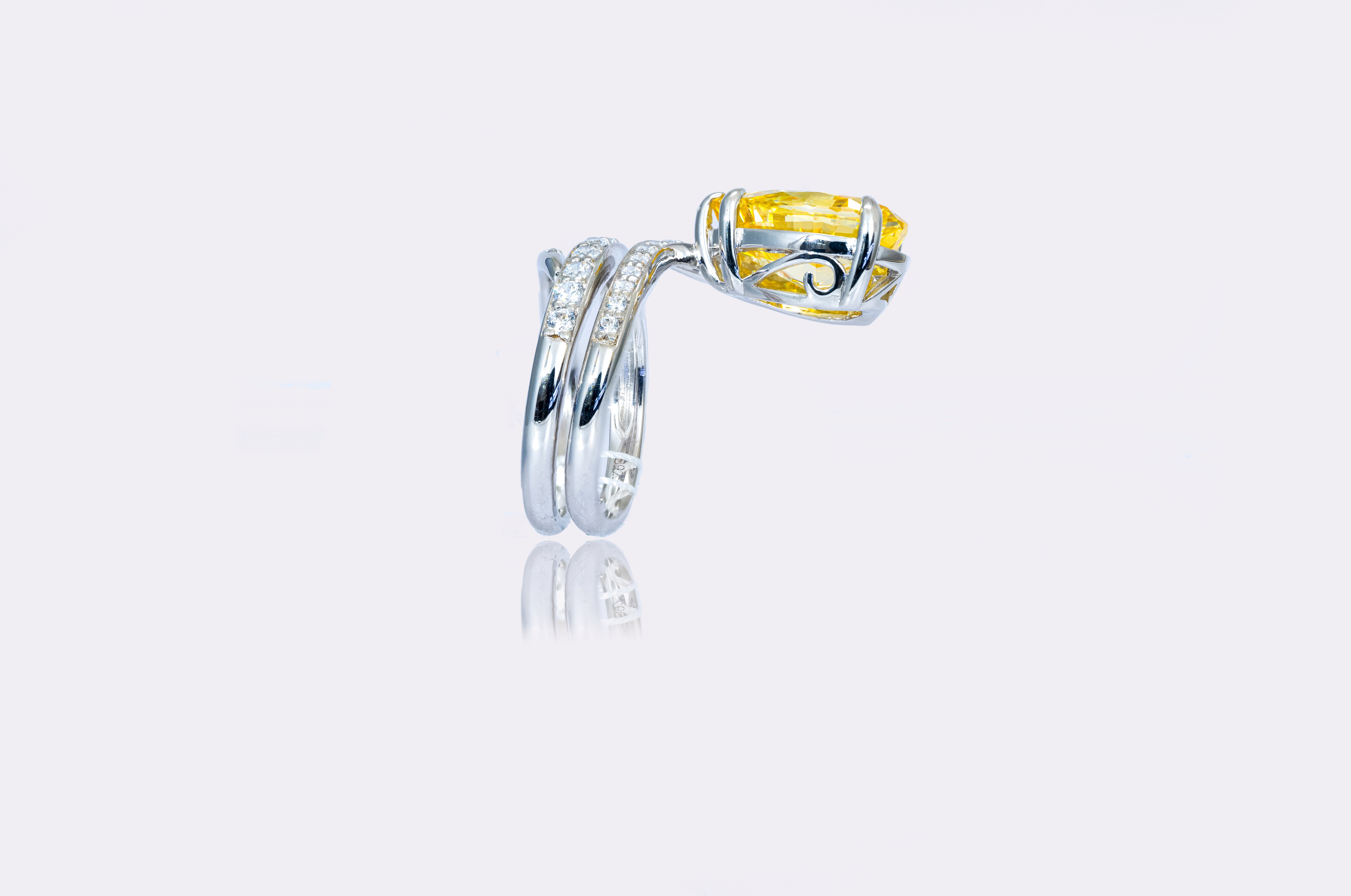 Sunburst Elegance Yellow Diamond Spiral Silver Ring